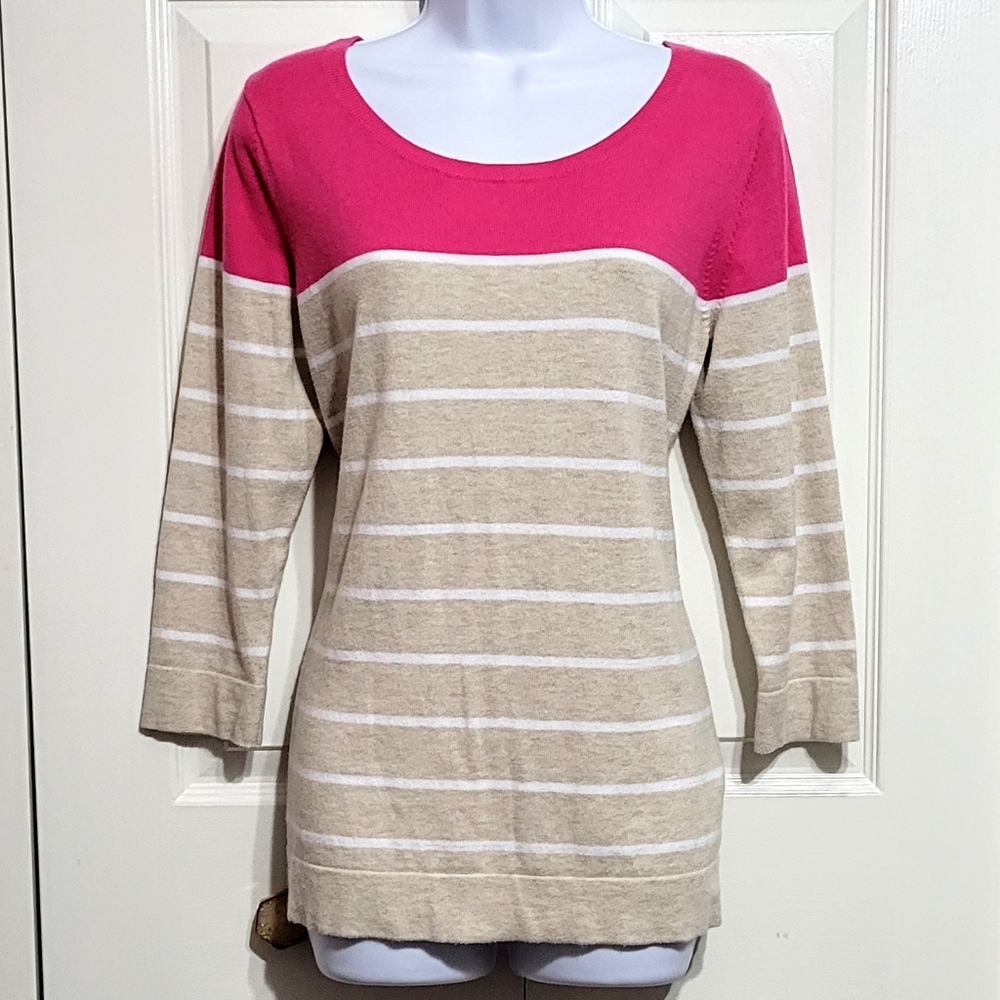 Banana Republic Sweater Pink Beige Tan Cream Striped Crew Neck